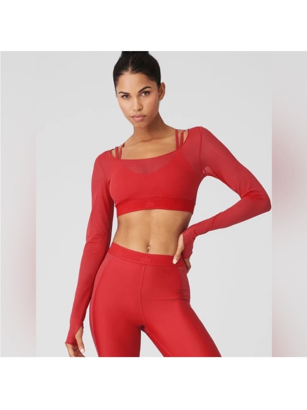 ALO Yoga Bright Red Long Sleeve Bra Crop Top and Leggings Set